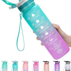 Motivational Water Bottle with Lockable Lid, Removable Straw, and Handle