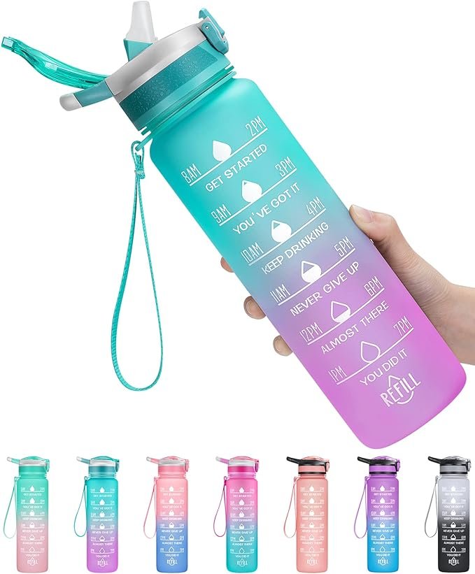 Motivational Water Bottle with Lockable Lid, Removable Straw, and Handle